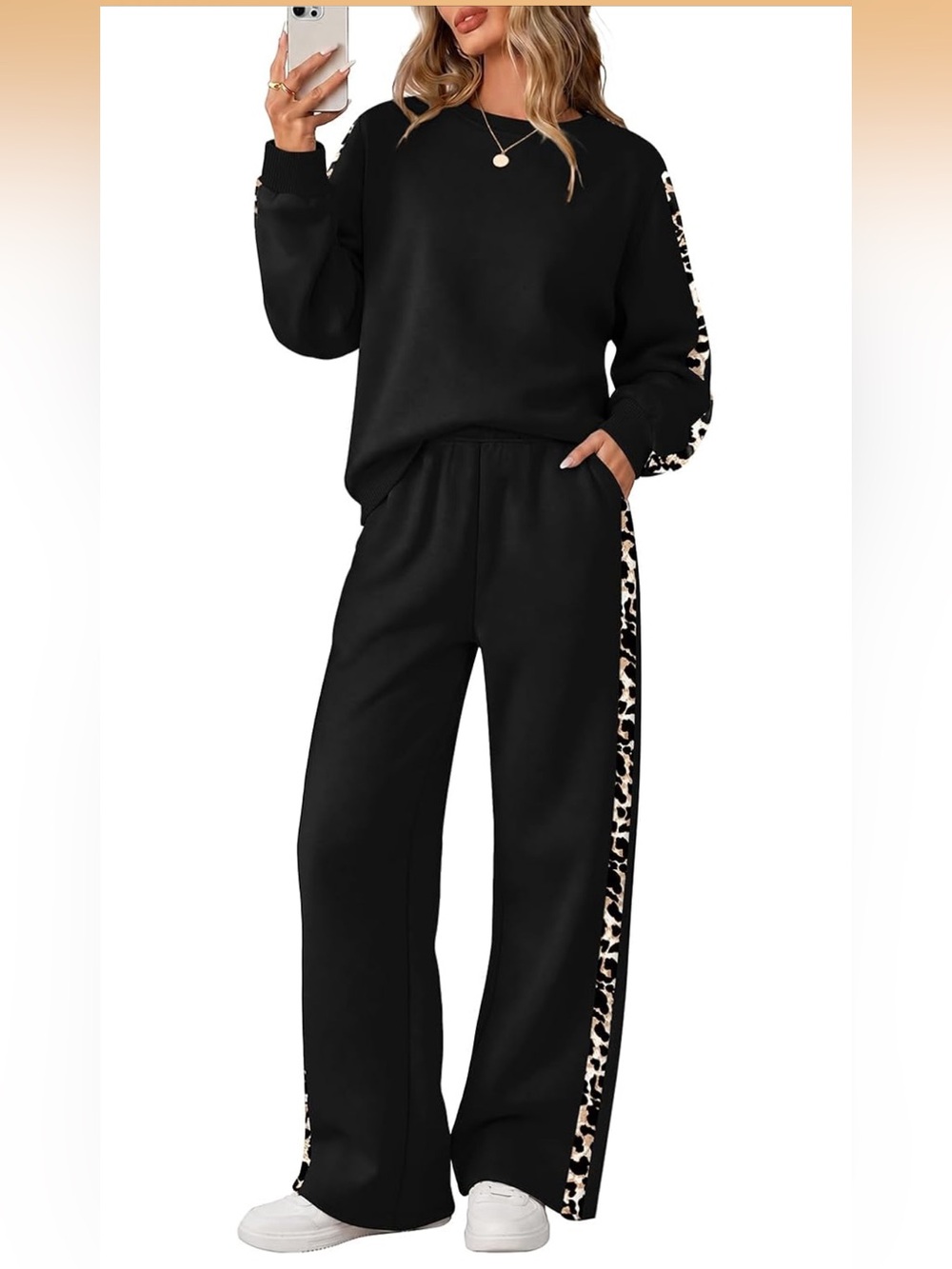 Black leopard accent fleece sweatsuit set